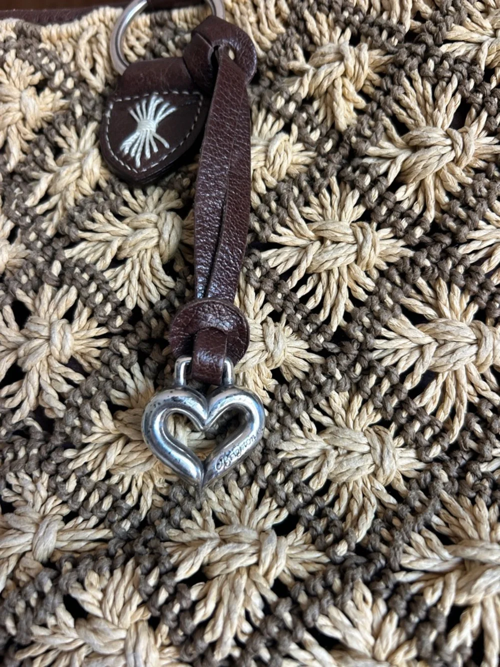 Vintage Brighton Woven Straw Tote Bag with Brown Leather Accents with Heart - Picture 3 of 10